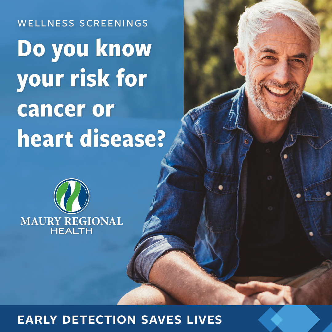 Man sits by a lake. Text reads, "Wellness Screenings: Do you know your risk for cancer or heart disease?"